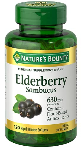 Nature's Bounty Sambucus Elderberry Herbal Supplement, Rapid Release Softgels, 630 mg per Serving, 120 Count