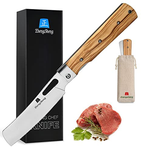 ZhengSheng Folding Chef Knife 4.8” Ultra Sharp 440A Stainless Steel Blade Natural Olive Handle Pocket Foldable Japanese Style Kitchen Knife for Outdoor Camping BBQ trip Cooking