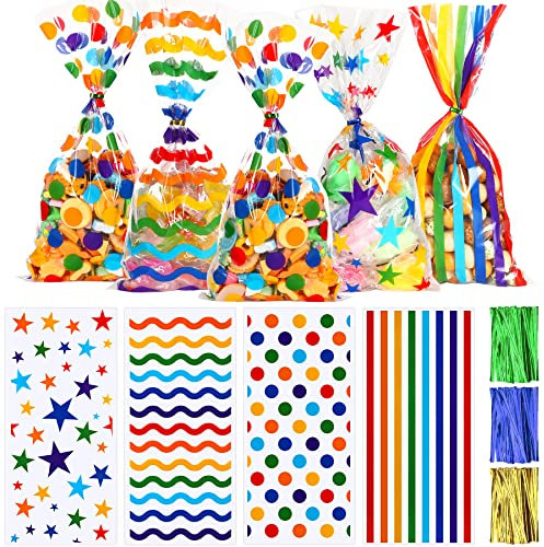 JULBEAR Zellophanbeutel, Regenbogenfarben, 180 Stück, mit 200 Bindebändern, Partyzubehör (4 Stile)