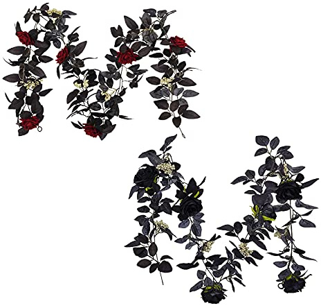 Fofetbfo 2 Stück 180 cm Halloween Rose Girlande, Künstliche Rot/Schwarze Rose Girlande mit schwarzen Blättern und goldenen Beeren, Faux Rose Vine Hanging Flower Girlande für Thanksgiving Dekor