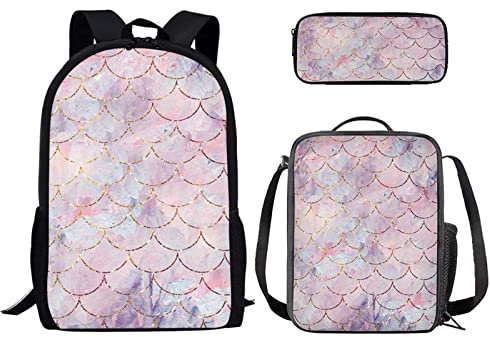 Binienty Rucksack für Jungen und Mädchen, modisches Büchertaschen-Set mit Lunchtasche und Federmäppchen für Grundschul, Kindertaschen, Reise-Rucksack, Mermaid Scale-2, Einheitsgröße
