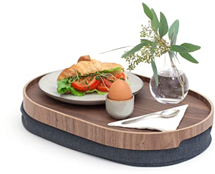 Bosign. Knietablett Laptray mit Sitzsack-Kissen für Frühstück, Abendessen. Rutschfestes Tablett. Abnehmbarer und waschbarer Kissenbezug. Natürliches Walnussholz. Graues Kissen. M (39x 26x6,5 cm)