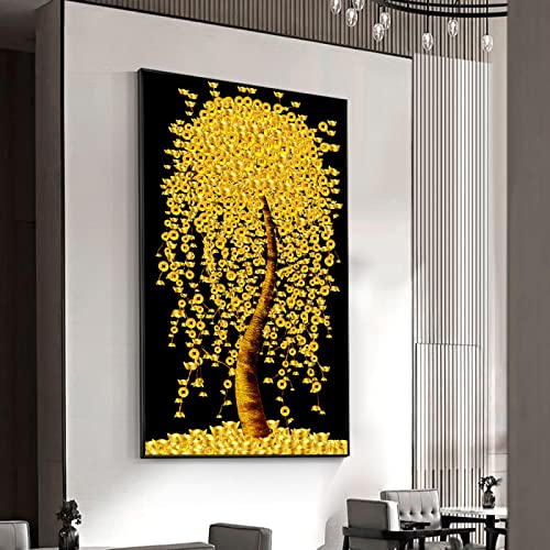 ZHMANLUCK Schwarz-Gold-Geldbaum-Leinwandbild, modernes gerahmtes Wandkunstbild für Wohnzimmer, Poster und Drucke, Heimdekoration, 60 x 123 cm (23,6 x 48,4 Zoll) mit Rahmen