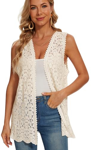 SMDPPWDBB Womens Floral Crochet Lace Boho Trim Sleeveless Open Front Vest Cardigan, V-11beige, One size