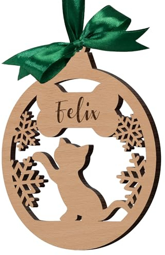 Katzen Weihnachtsschmuck personalisiert - Runder Holzanhänger aus Echtholz für den Christbaum - Weihnachtskugel Katze mit Namen - persönlicher Weihnachtsanhänger