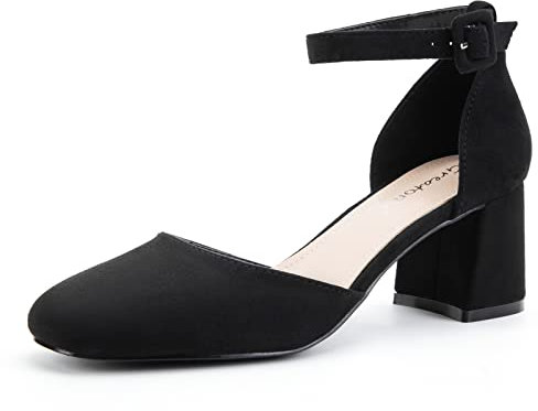 Greatonu Damen Pumps mit Knöchelriemen Spangenpumps Schnalle Pumps Fesselriemen Blockabsatz Riemchenpumps Sandale Absatzschuhe Geschlossene Eckige Spitze Pumps High Heels Hochzeiten Party Schwarz 37