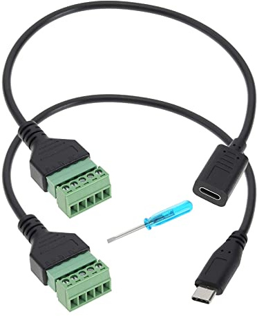 VGOL 2 x USB-C-Klemmblock-Anschluss, lötfrei, steckbar, Typ-C-Stecker/Buchse auf 5-polige Schraubklemmleiste, Lade- und Datenübertragungsadapter, Verlängerungskabel