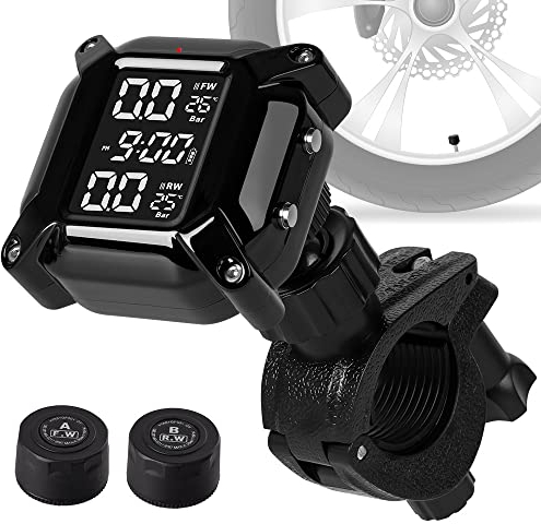 ESLOYSUN Motorrad Drahtloses Reifendruckkontrollsystem, USB wiederaufladbares TPMS für Motorräder mit 2 externen Sensoren Digitales 1,5 LCD Display Auto Alarmsystem Anti-Off