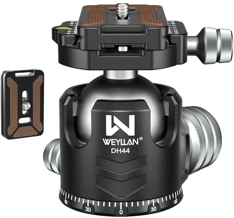 Tripod Head 44mm Low Profile Ball Head, WEYLLAN DH44 360 Degree Metal Panoramic Camera Ball Head Mount with Two Quick Release Plates, Arca Ballhead for Tripod Monopod DSLR Camera Max Load 55lbs/25kg