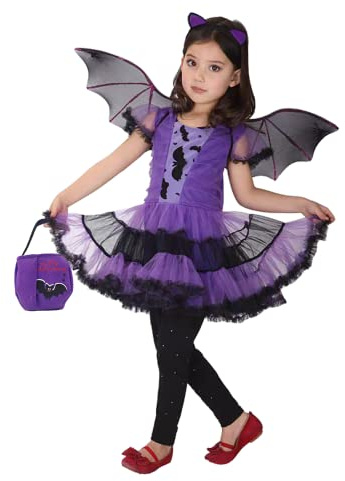 ZUCOS Costume d'Halloween et de sorcière pour fille - Costume de chauve-souris - Costume de cosplay - Robe tutu - Ensemble pour enfants (violet, 3-4 ans)