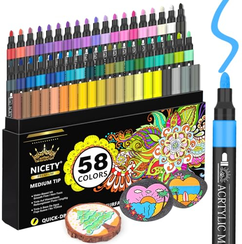 NICETY 58 Acrylstifte für Steine Wasserfest - 3mm Medium Tip Multimarker Porzellanstifte Acrylmarker für Glasmalstifte Leinwand Holz Stein Stoff Holz Leinwand Glas Lackstift