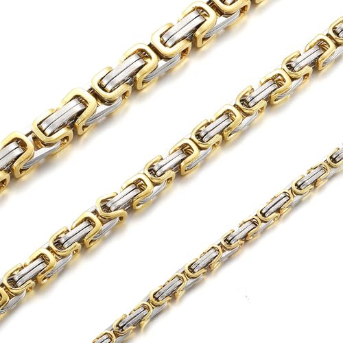 RWQIAN Herren Königskette Kette Gold 50CM Männer Wikinger Halskette Byzantinische Plattenkette Edelstahl 6mm