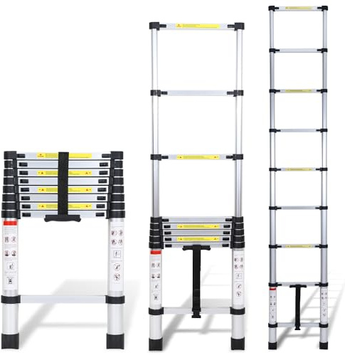 Randaco 2.6M Aluminium Teleskopleiter, Ausziehbare Leiter, Rutschfester Aluleiter Stehleiter Mehrzweckleiter Ausziehbar Aluminiumleiter, Teleskop Ausziehleiter 150 kg Belastbarkeit