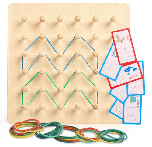 DKINY Wooden Geoboard Montessori Toy for Toddlers 3+ Graphical Mathematical Educationl Toys with 30 Pattern Cards & 20 Rubber Bands Develop Children Thinking Motor Skills, Gift Boys Girls