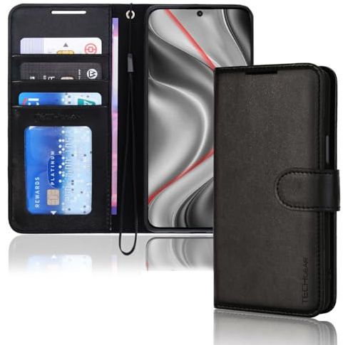 TECHGEAR Galaxy S24 Leather Wallet Case, Flip Protective Case Cover with Wallet Card Holder, Stand and Wrist Strap - Black PU Leather with Magnetic Closure Designed For Samsung Galaxy S24 / S24 5G
