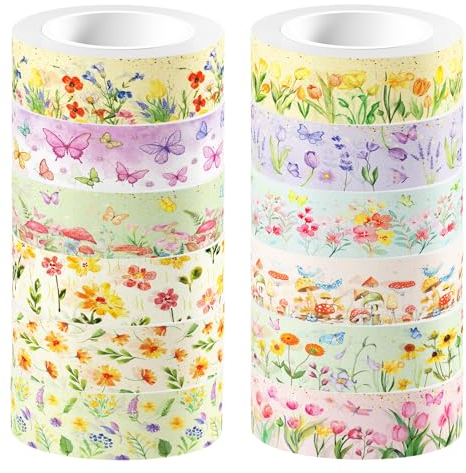 CC HOME Frühling Washi Tape 12 Rollen, 15mm Blume Schmetterling Washi Tape Set, Masking Tape Dekorative Papier Aufkleber zum Verpacken von Geschenken, DIY Kunst Handwerk