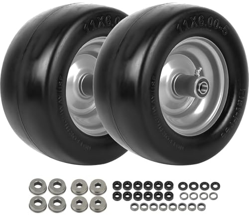AR-PRO Lot de 2 pneus pleins sans crevaison 11 x 6,00-5 et roues – Pneu universel 11x6-5 en caoutchouc solide pour tondeuse à gazon avec jante – Avec moyeu centré de 13,5 à 19,1 cm et roulements de