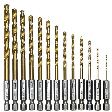 13 Titanium Coated Drill Bit Set - 1/4 Hex Shafts, 1.5mm-6.5mm Metal Drill Bits, Comes with Handy Storage Holder