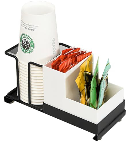 Niciksty Organizador de tazas de papel de café, soporte desechable con caja de almacenamiento de 2 compartimentos, organizador de estación de café para encimera de cocina u oficina sala de descanso