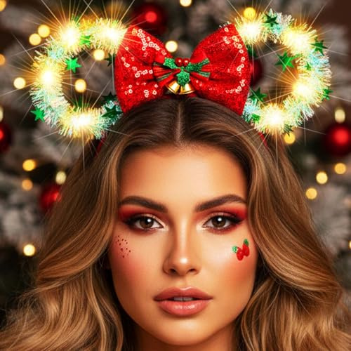 Reaky Serre-tête de Noël avec oreilles de souris lumineuses LED - Accessoires de cheveux de Noël pour femmes (Vert, Taille unique)