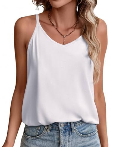 Zeagoo Camiseta Sin Mangas Mujer Verano Cuello en V Top Holgado Camisetas Tirantes Elegante Tank Top Blanco L