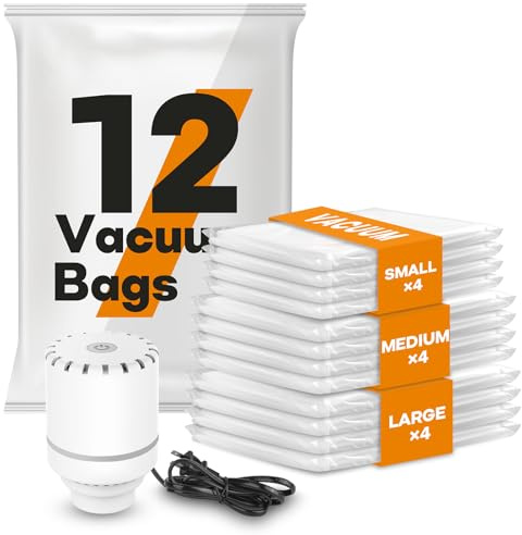 12 Pack Vacuum Storage Bags for Clothes(4 60x80cm, 4 50x70cm, 4 40x60cm), 80% More Space Saver Bags for Duvets, Bedding, Clothes, Travel