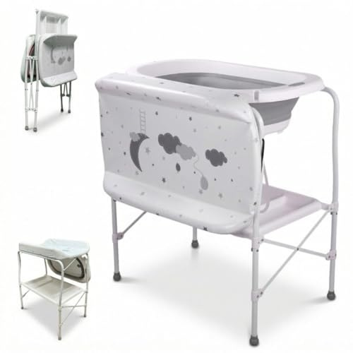 BATHBY Bañera Bebé con Patas Multifuncional 5 en 1: Plegable con Soporte, Cambiador, Bandejas Organizadoras, Desagüe con Tubo y Soporte para Ducha, (Gris Standard)