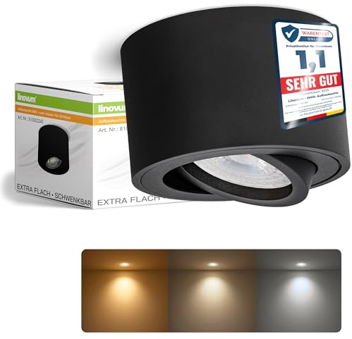 linovum SMOL Aufbauspot schwarz flach schwenkbar Ø80mm 4W 3 Lichtfarben LED | Flacher Deckenspot schwarz - nur 50mm hoch, schwenkbar, warm / neutral / kalt, für Schlafzimmer & Büro, inkl. LED-Modul