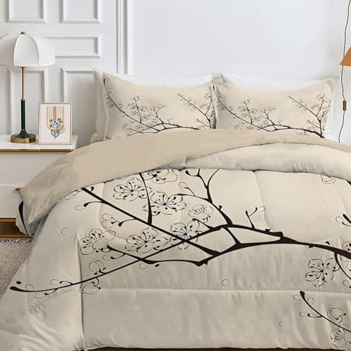 SYHIEGO Blumen Bettdecke 135x200 cm, 4-Jahreszeiten Steppdecke, Waschbare Ganzjahresdecke ohne Bezug, Pflanzen Muster Weiche Schlafdecke, Einzelbettdecke, Beige -Ea227