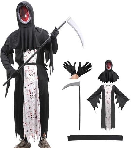 Costume de faucheuse, pour enfant, avec faucille d'horreur fantôme, noir, Halloween, garçons et filles, taille L
