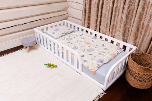 Mandrele - Montessori Bett, Bodenbett mit Lattenrost, Rausfallschutz Bett, Kinderbett, Holzbett mit Bettgestell für Jungen und Mädchen, 140x200 cm, Weiß