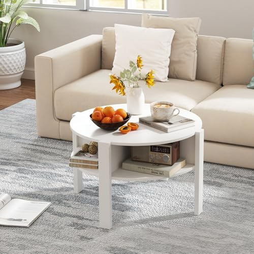 GOPLUS Mesa de Centro Redonda de 2 Niveles, Mesa de Café de Madera con Compartimiento Abierto, Almohadillas Antideslizantes, Mueble para Salón, Oficina, Sala de Espera, Carga 60 kg (Blanco)
