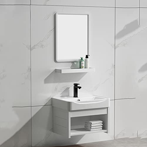 Combo de lavabo de baño con espejo, armario montado en la pared para espacios pequeños, juego de tocador flotante