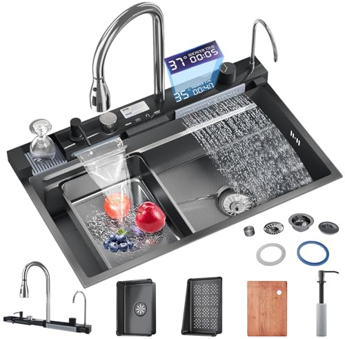 Wasserfall Küchenspüle 75x45cm, Multifunktionale Küchenspüle, mit 360°Drehung Wasserhahn, Tassenwaschanlage, Seifenspender, Wasserfall-Auslauf, LED Anzeige, Warm- und Kaltregelung, Einbauspüle Kitchen
