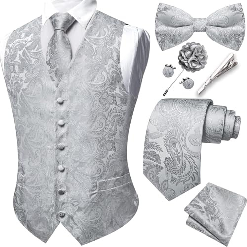 Barry.Wang Juego de chalecos formales para hombre con diseño de cachemira, corbata, pajarita, clip, pañuelo, gemelos y pin de solapa para boda, 8 piezas, plata, M