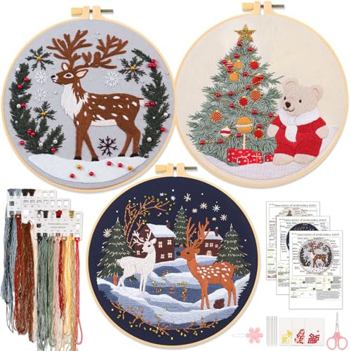 JSRQT 3 Pezzi Set da Ricamo per Principianti Adulto Natale Artigianale Embroidery Kit Starter DIY Punto Croce Ricamare Pratica Christmas Stampato Iniziale Cucire Accessori Cucito A Mano Regalo