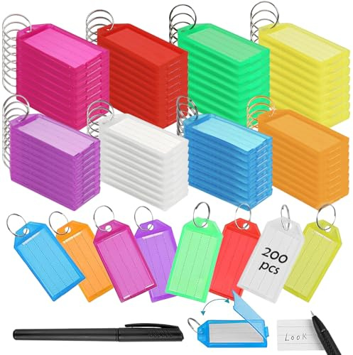 200 Pièces Porte Etiquette Clef, Portes Etiquettes de Portes Cles avec Anneaux, Porte Clés Couleur étiquette Inscriptibles pour Identificateur de Clé de Porte, Valise, Hôtel, 8 Couleurs