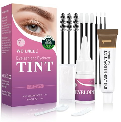 WEILNELL Eyelash & Eyebrow Color Kit, Professional Instant Light Brown Lash & Brow Color Kit, Eye Lash & Eye brow Coloring Set with Natural Bushy Results, Easy to Use & Salon at Home 7ml (Light Brown)
