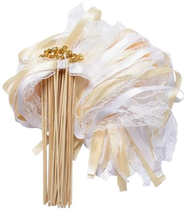 Ferizzia 30 Piezas Varitas de Boda, Reutilizable Varitas de Cinta con Campanas, Románticas Serpentinas de Cintas de Boda, para Bodas Fiestas Cumpleaños Vacaciones Celebraciones Navidad(Beige)