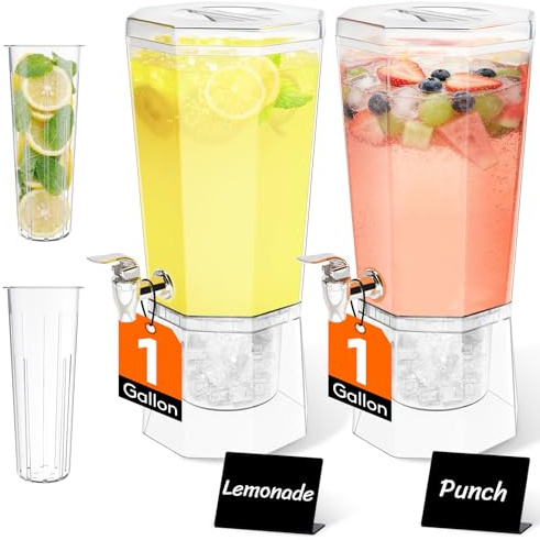 Lifewit 1 Gallon Drink Dispenser for Parties 2 Pcs, Plastic Beverage Container for Juice/Tea/Soda with Stand & Ice Core, Clear Lemonade Dispenser with Spigot, BPA Free Water Pitcher 39 x 16 cm/15x6