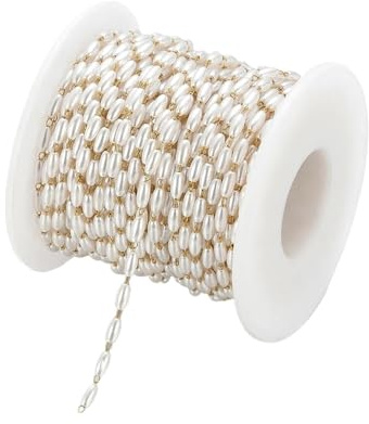 FOELANNE Catena di perle finte in plastica, Filo di perle di 2 metri 3x6mm cilindrico multicolore forniture for gioielli fai da te(Gold)