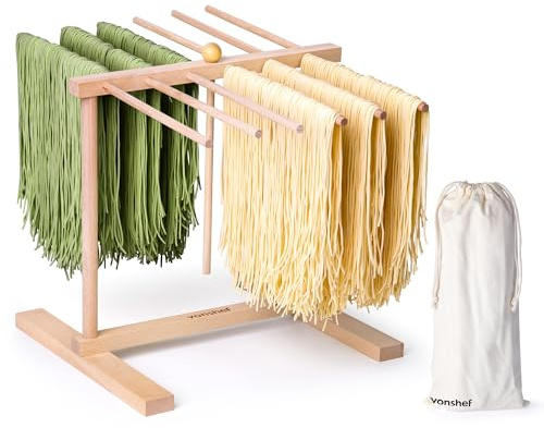 VonShef Pasta Drying Rack & Storage Bag, Collapsible Wooden Noodle Stand for Homemade Spaghetti, Fresh Pasta Drying Tree with 12 Arms, Natural, Non-Toxic Beechwood Frame with Anti-Bacterial Properties