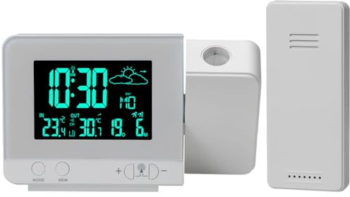 Casativo 2-in-1 Projektionswecker & Funk-Wetterstation mit USB-Port – Wecker mit Aussensensor, projiziert Uhrzeit in 8 Farben an Wand & Decke