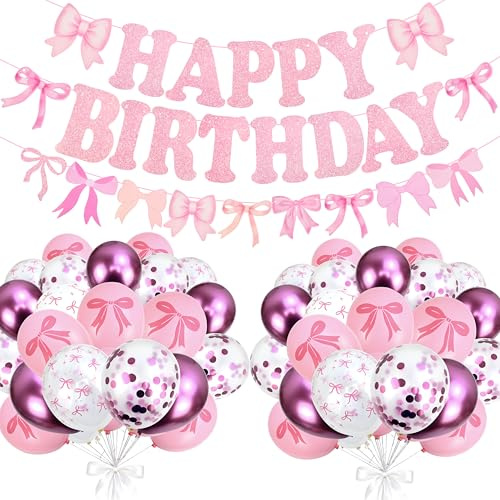 NISENTIA 30 Stück Schleifen Luftballons Geburtstag Rosa mit Happy Birthday Girlande, Luftballons Bunt Geburtstagsdeko Mädchen, Ballons Geburtstag Schleifen, Geburtstagsballon für Kindergeburtstag Deko