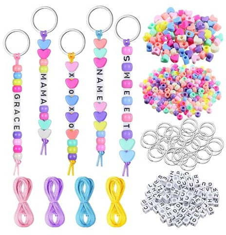 KBRPEY 566 Stück Buchstabenperlen Schlüsselanhänger Herstellungsset DIY Keychain mit Perlen Buchstaben Herz Anhänger Schlüsselringe Schnur für Schmuck Basteln