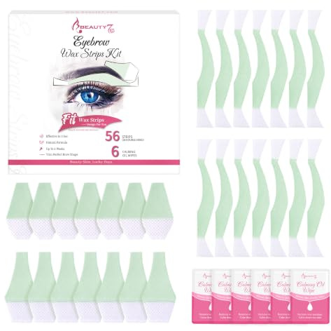 BEAUTY7 Waxing Strips for Eyebrow, Eyebrow Shaper Pre-Cut, 56pcs Cold Wax Strips with 6pcs Cleaner Oil Wipes, Facial Hair Removal for Women, Suitable for all skin types
