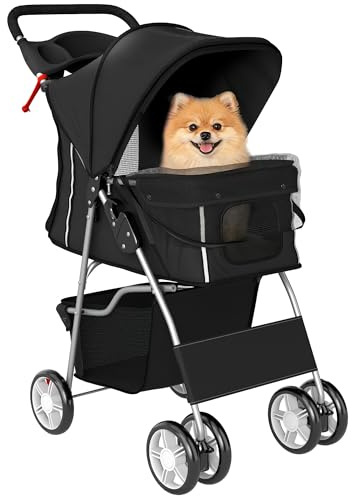PawHut Hundewagen Hundebuggy Faltbar Katzenwagen bis 10kg mit Reflektorstreifen Aufbewahrungskorb waschbar Kissen Netzfenstern Getränkehaltern 360° drehbare Räder mit Bremse für kleine Hunde Schwarz