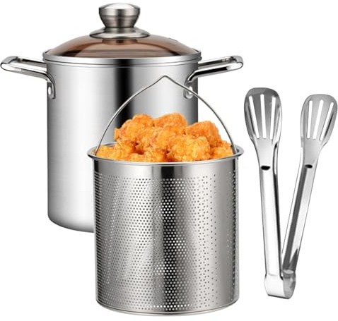 Mini Pentola Per Friggitrice, Pentola Per Friggitrice Da 3, 2 Qt, Frittura Con Cestello, Coperchio E Pinze In Acciaio Inossidabile Per Pasta, Spaghetti, Uova Sode, Gamberetti, Patatine Fritte