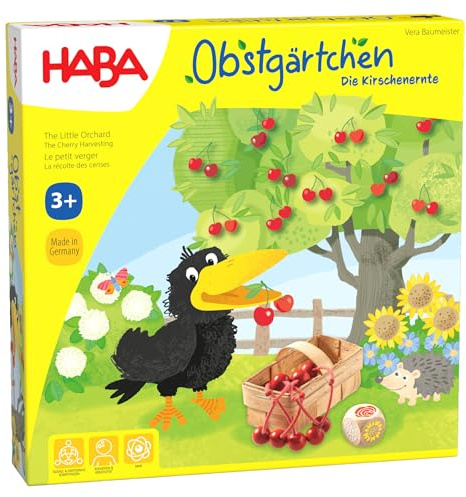 HABA Obstgärtchen – Kinderspiel ab 3 Jahren mit 3D-Kirschbaum – Lernspiel fördert Farben & Wir-Gefühl – Mit Holz-Kirschen & Rabe Theo – Für 2-4 Spieler – 1004460001