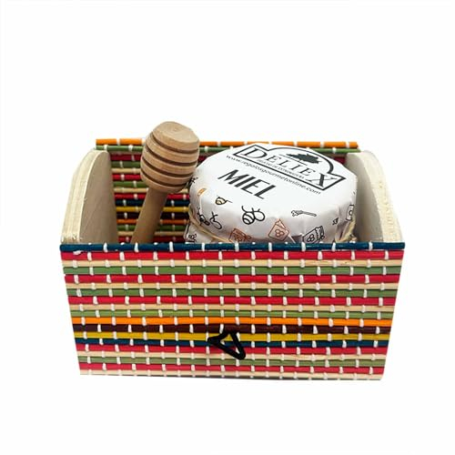 Baúl de Colores con Tarro de Miel de orcio y palito catador. Regalo para invitados de bodas, bautizos y comuniones.